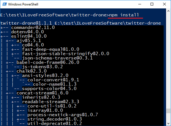 Twitter-drone npm install