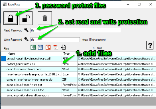 add files, set read write password and start processing