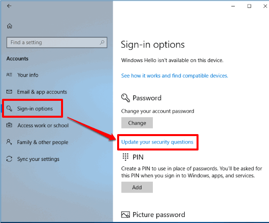 click update your security questions option