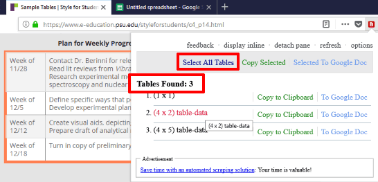copy one or all html tables