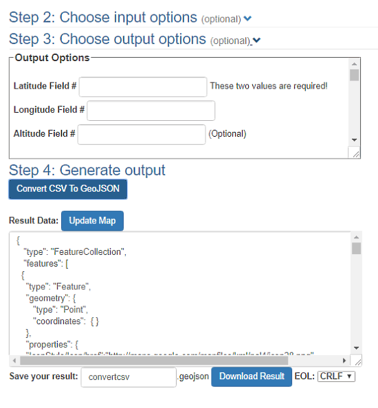 ConvertCSV: csv to geojson online