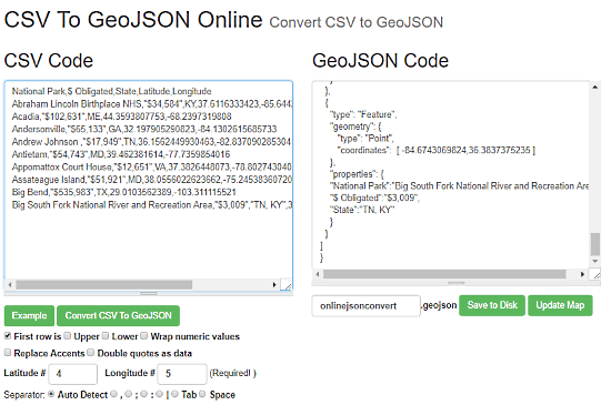 OnlineJsonConvert: csv to geojson online