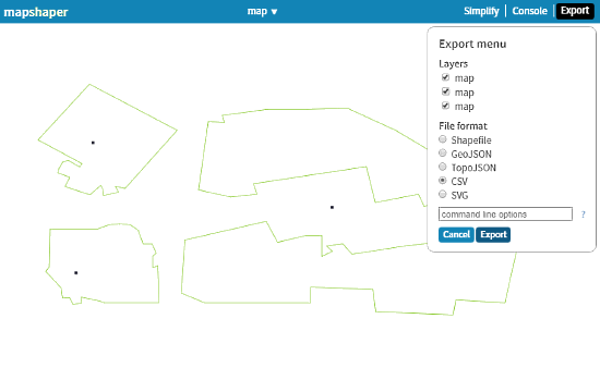 MapShaper: geojson to csv online