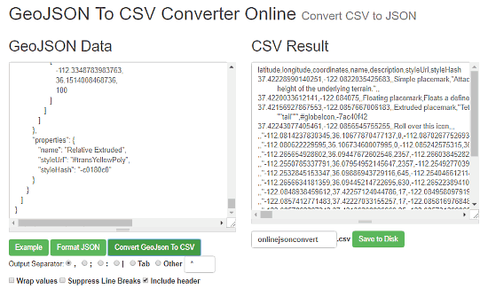 OnlineJsonConvert: convert geojson to csv
