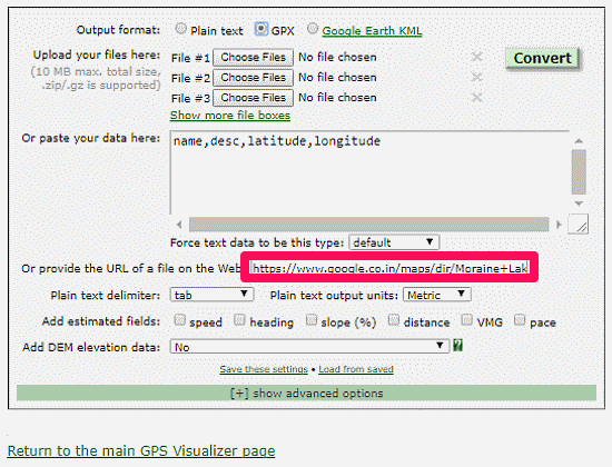 GPS Visualizer: convert google maps to gpx