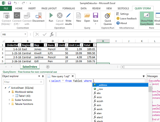 query storm run sql in excel in action