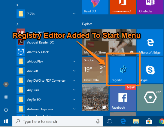 registry editor added to windows 10 start menu