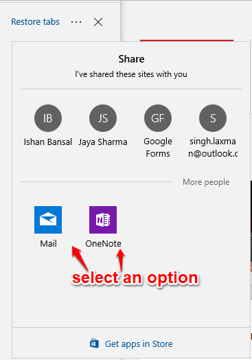 select onenote, mail or other app in share pop up