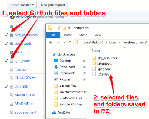 selected files and folders of github repo saved to pc