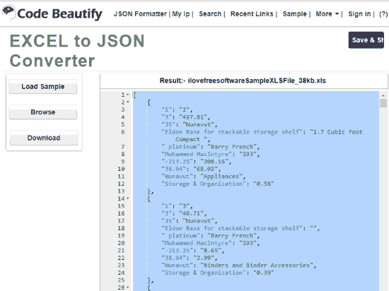 Code Beautify Excel to JSON converter