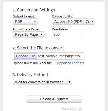 Docupub.com EML to PDF interface