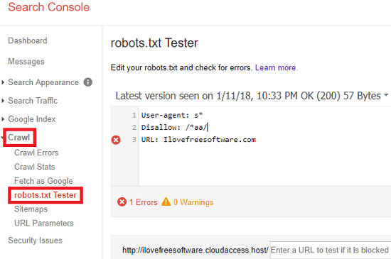 Google Search Console robots.txt checker