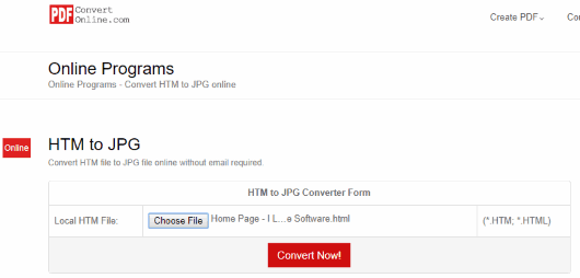 PDFconvertonline.com HTML to JPG interface