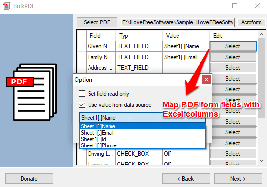 Specify fields to map to PDF from excel file