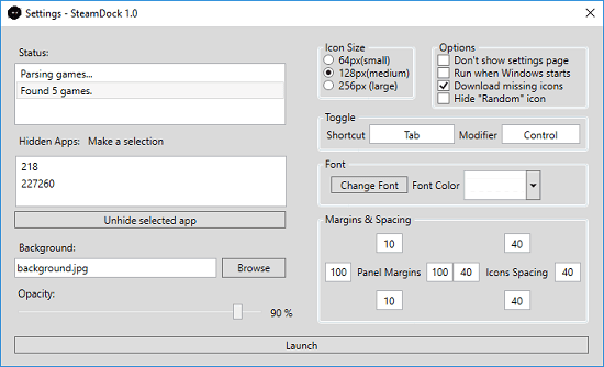 SteamDock game launch settings