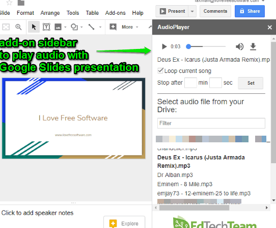 addon sidebar visible to play audio with google slides