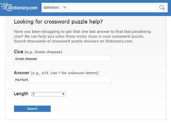 Dictionary.com: crossword clue solver