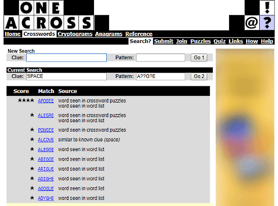 OneAcross.com: crossword clue solver