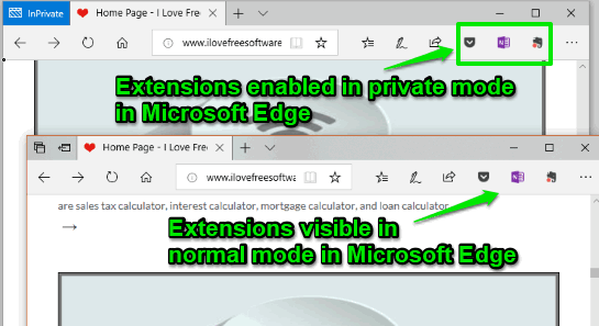 extensions enabled in private mode in microsoft edge