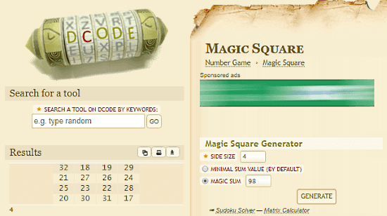 Dcode.fr: magic square generator