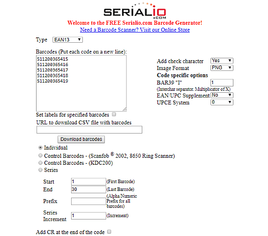 Serialio.com: batch barcode generator
