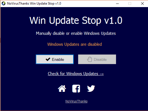 press disable button to stop windows 10 updates
