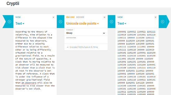 Cryptii.com: text to binary