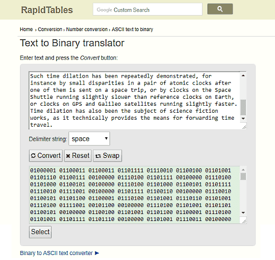 RapidTables.com: convert text to binary