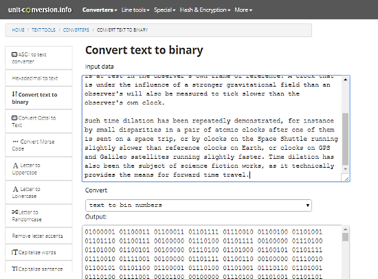Unit-Conversion.info: text to binary online