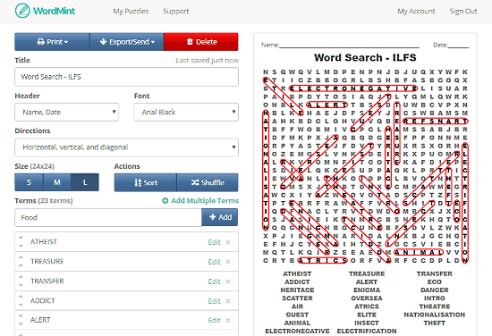 WordMint.com: word search puzzle maker