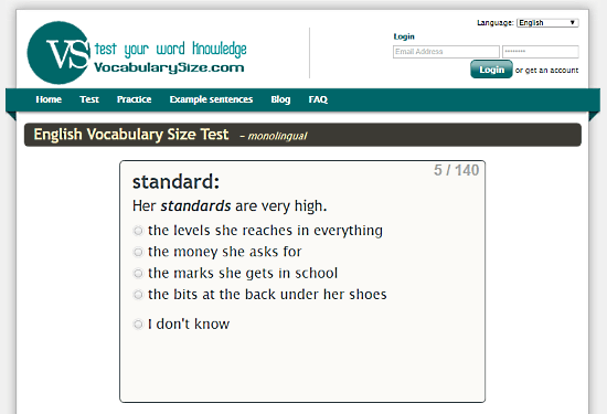 My.VocabularySize.com: test English vocabulary
