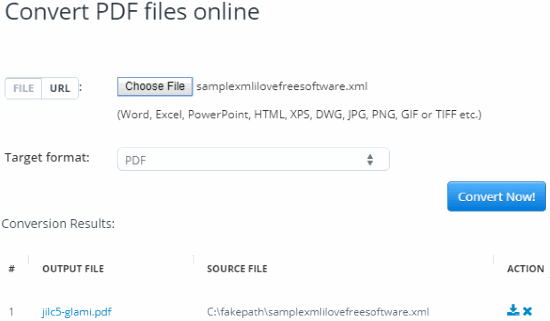 Aconvert XML to PDF website