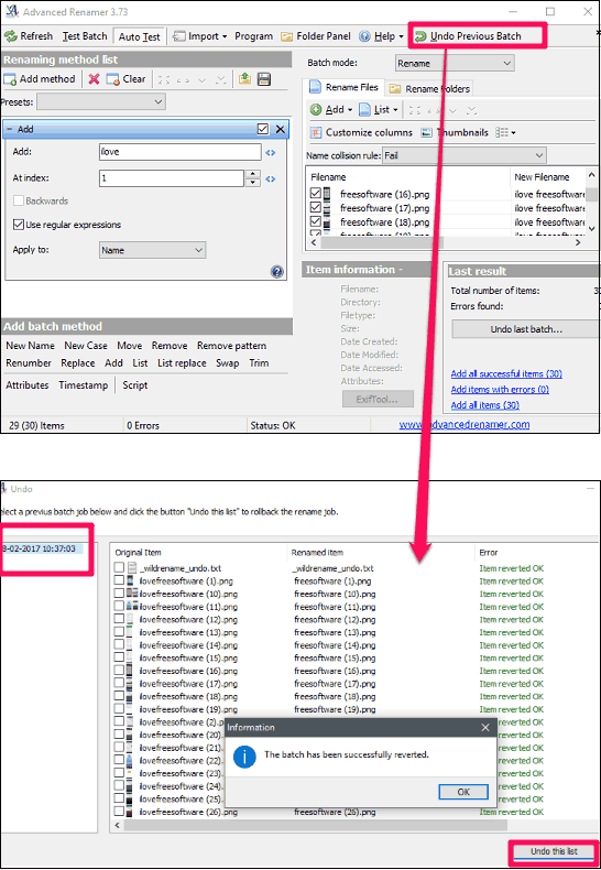 Advanced renamer undo in action 1