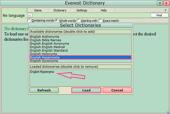 Everest Dictionary: hypernym dictionary software