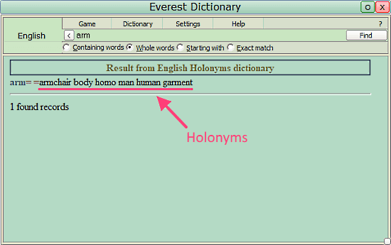 Everest Dictionary: holonyms