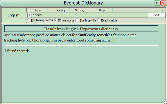 Everest Dictionary: hypernyms