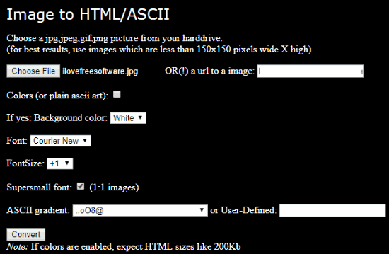 Image to HTML Ascii converter- interface