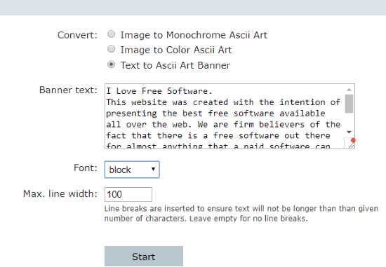 Online Ascii Art Creator- interface