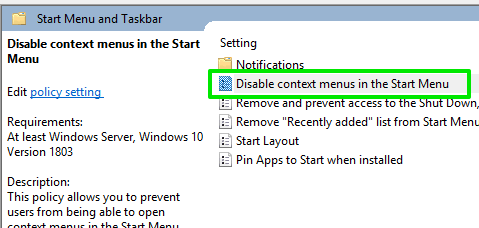 double click on disable context menus in the start menu option