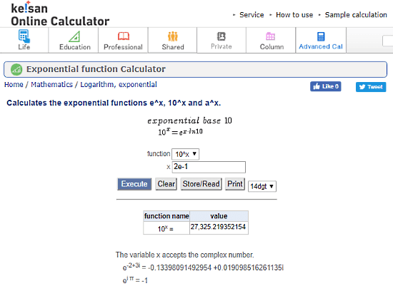 Keisan.Casio.com: exponential equation calculator