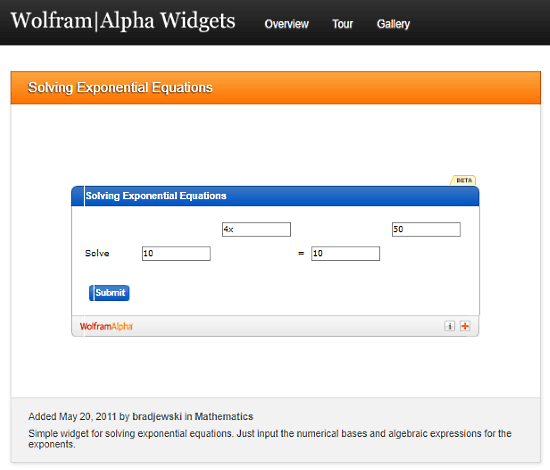 WolframAlpha.com: exponential equation calculator