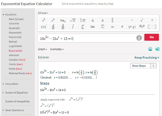 Symbolab.com: exponential equation calculator