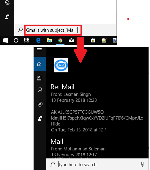 gmail search for cortana in action