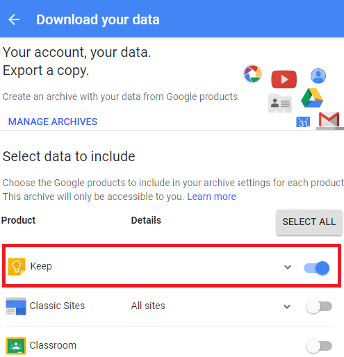 google takeout for keep