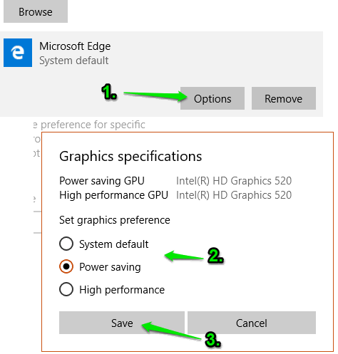 open graphics specifications pop-up and select graphics preference