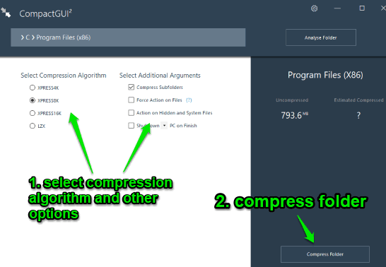 select compression algorithm and use compress folder button