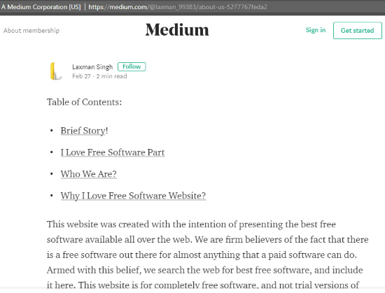 table of contents added to a Medium article