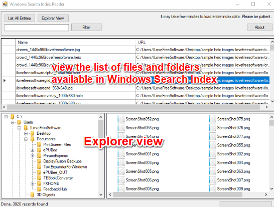 view windows search index data