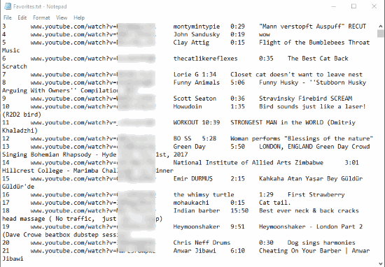 youtube playlist saved as text file