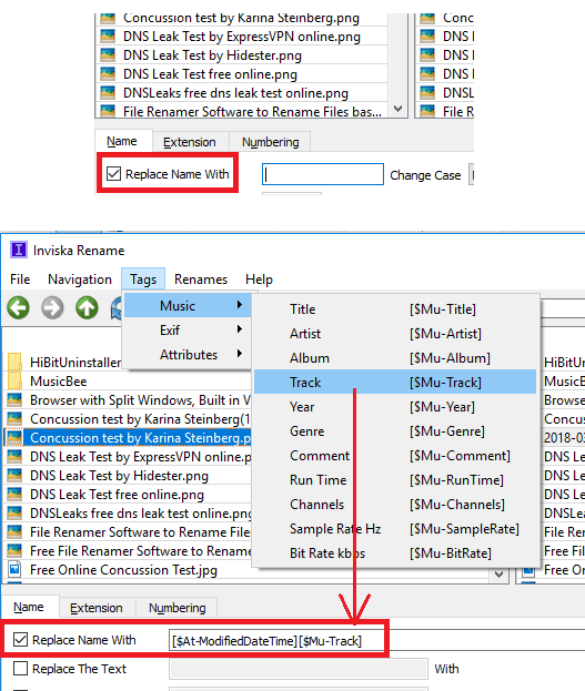 Inviska Rename add id3 tags or exif data in file name